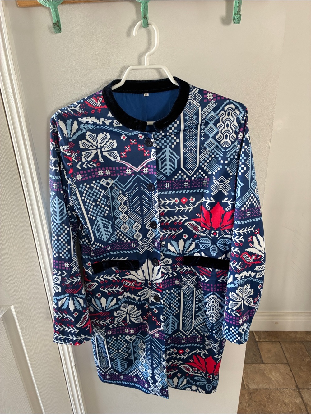 Girls Blue Patterned Pajama Top with Pink Accents